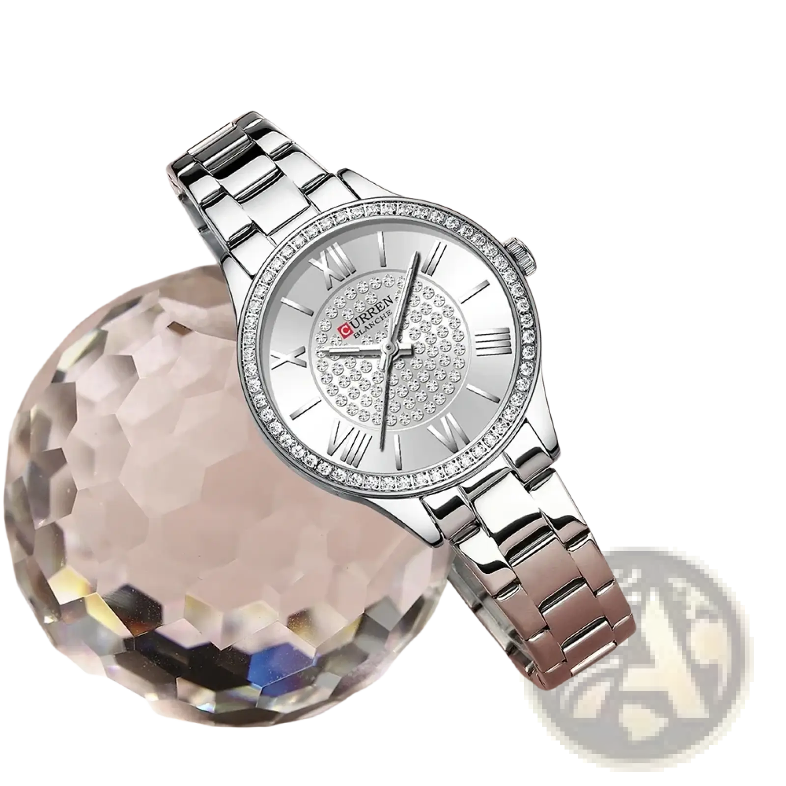Silver Curren women stainless steel crystal quartz watch with diamond-studded bezel and roman numeral face