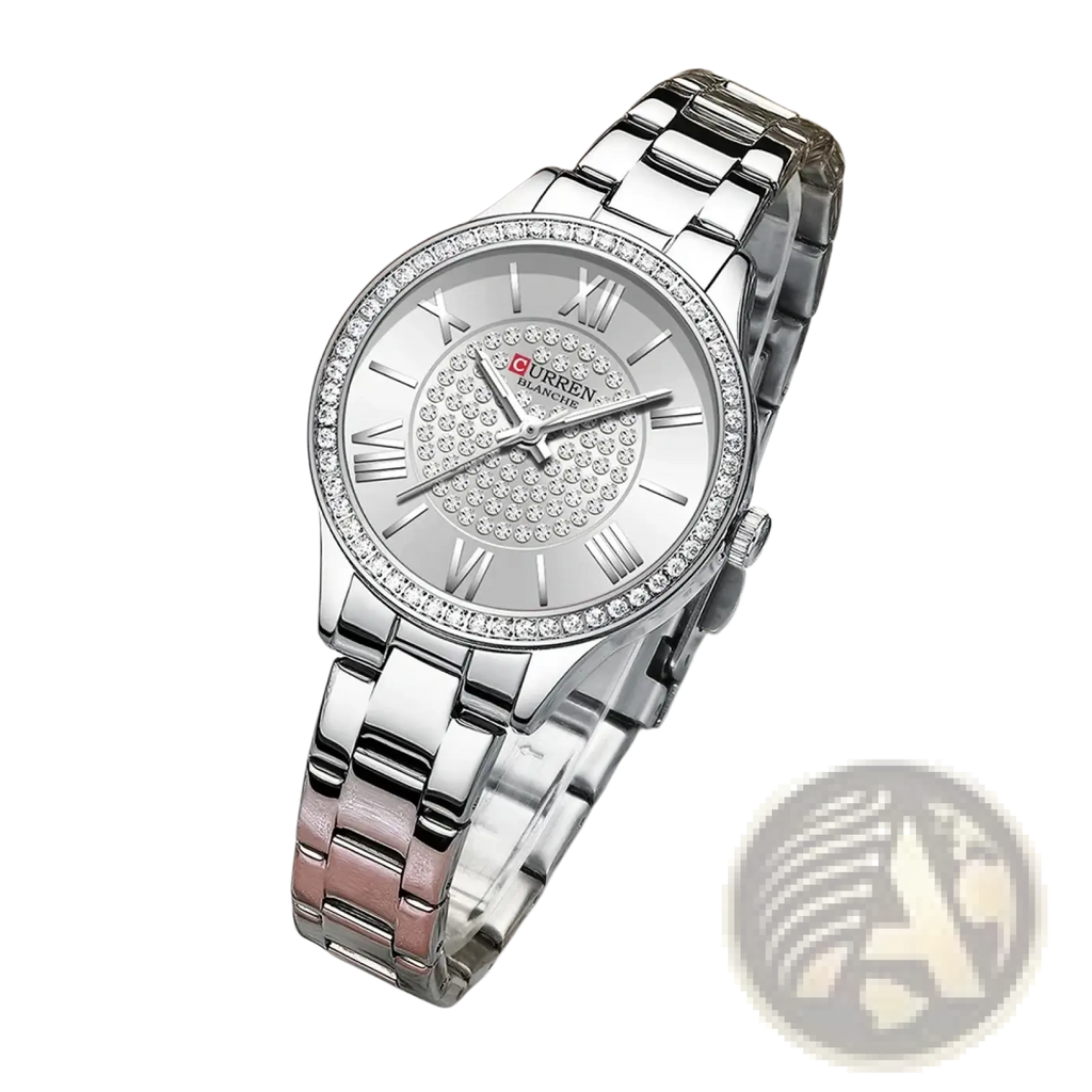 Silver-toned Curren women stainless steel quartz watch with diamond bezel and roman numeral dial