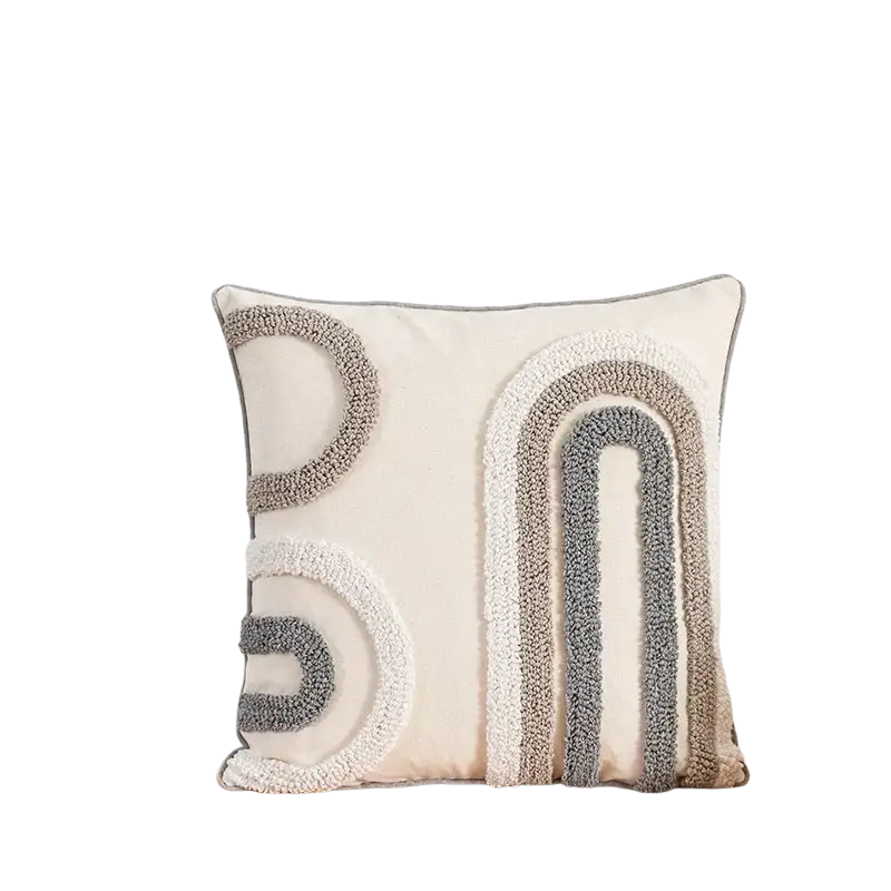 Beige cushion cover 45x45cm with textured layered gray and white yarn arches for boho home decoration