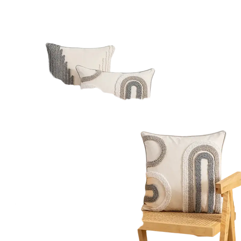 Cream-colored cushion cover 45x45cm with textured gray and white embroidered arches for boho home decoration