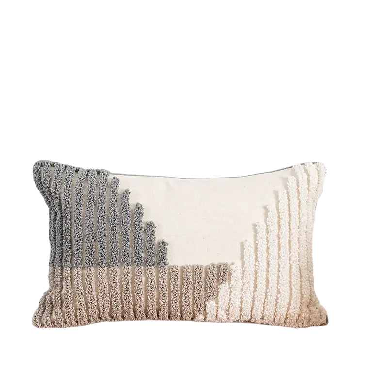 Rectangular cushion cover 45x45cm with tufted gray and cream vertical stripes for boho home decoration