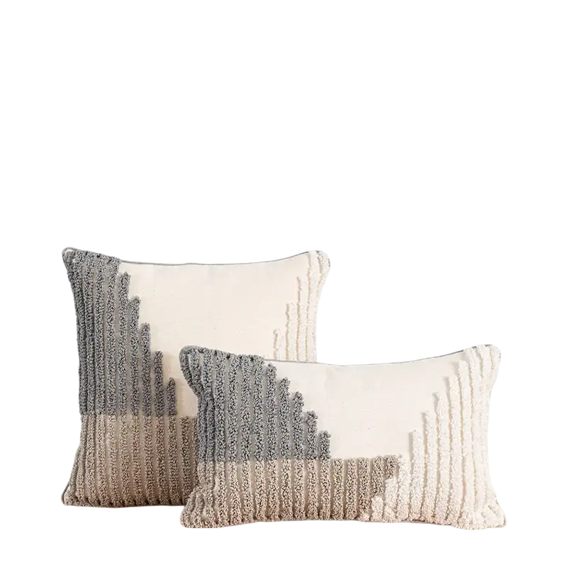 Two textured cushion covers 45x45cm with gray and beige ribbed accents on cream fabric for boho home decoration