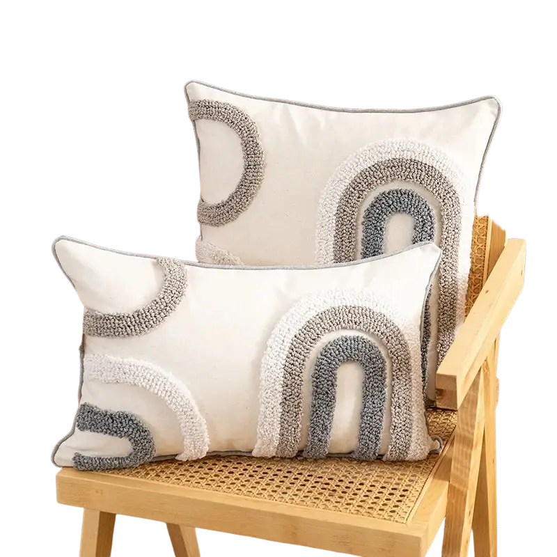 White rectangular cushion cover 45x45cm with textured gray and off-white tufted rainbow arches for home decoration