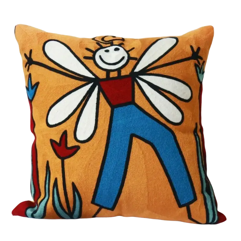 Orange cushion cover 45x45cm featuring whimsical embroidered figure with white wings on textured fabric background