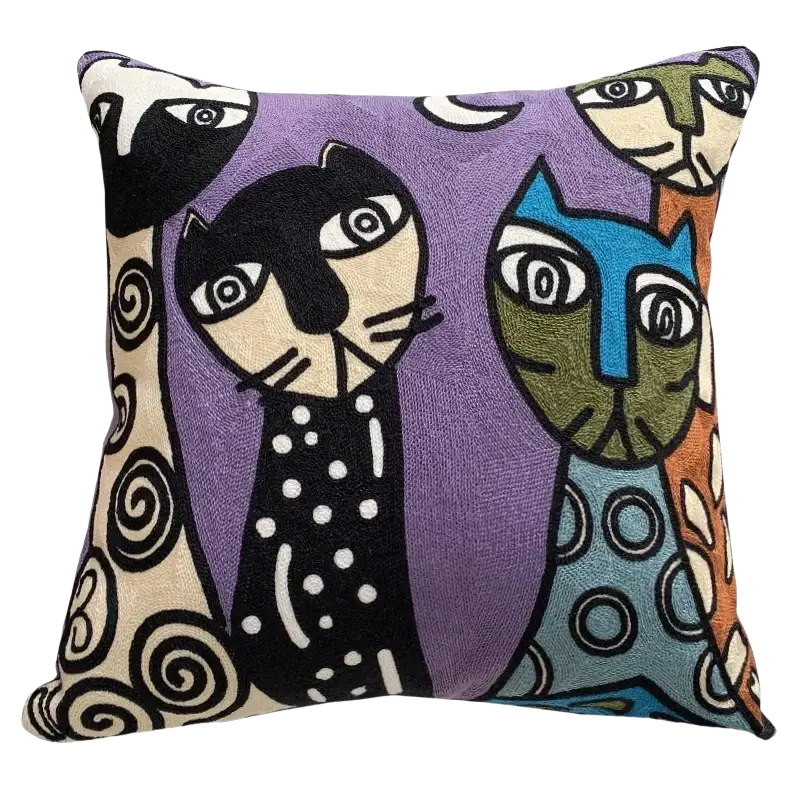 Purple cushion cover 45x45cm featuring embroidered abstract stylized cats with bold outlines and patterned details