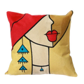 Cushion cover 45x45cm with embroidered abstract portrait of a red-haired woman on mustard-yellow fabric