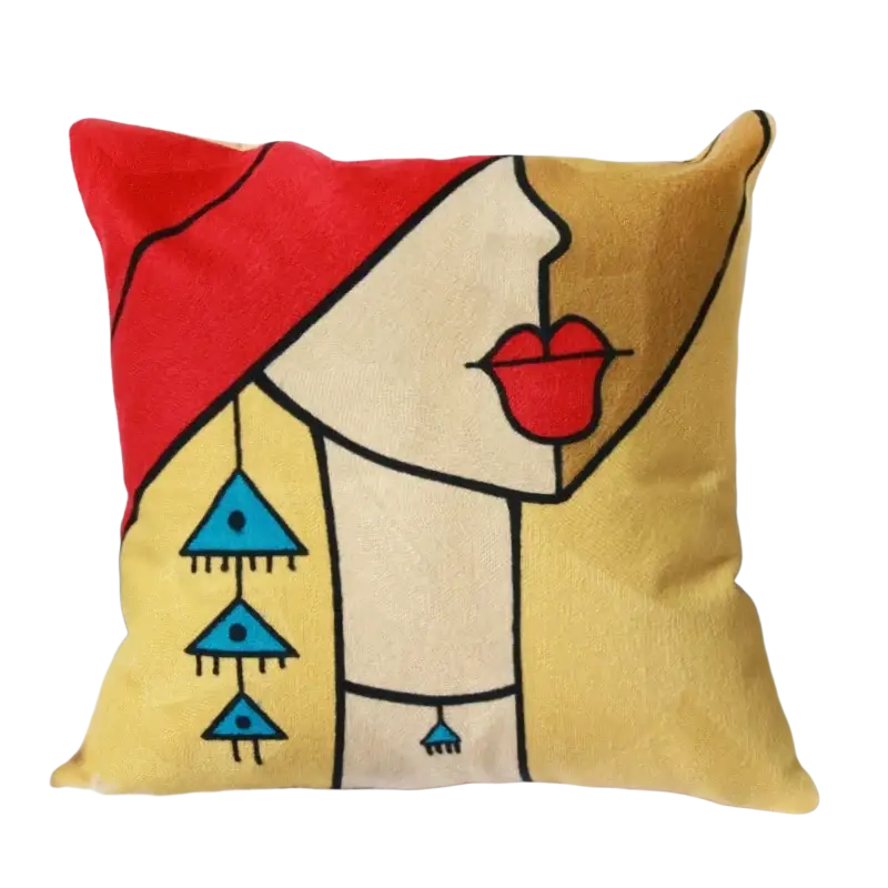 Cushion cover 45x45cm with embroidered abstract portrait of a red-haired woman on mustard-yellow fabric