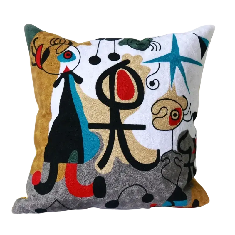 Square cushion cover 45x45cm with vibrant embroidered abstract design in red blue gold and gray on white background