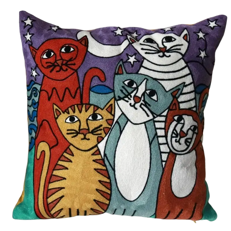 Vibrant embroidered cushion cover 45x45cm with whimsical five stylized cats on a purple starry background