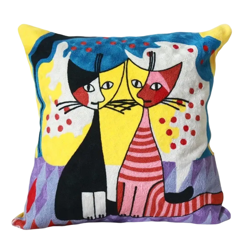 Vibrant cushion cover 45x45cm with embroidered stylized cats in bold colors and abstract patterns