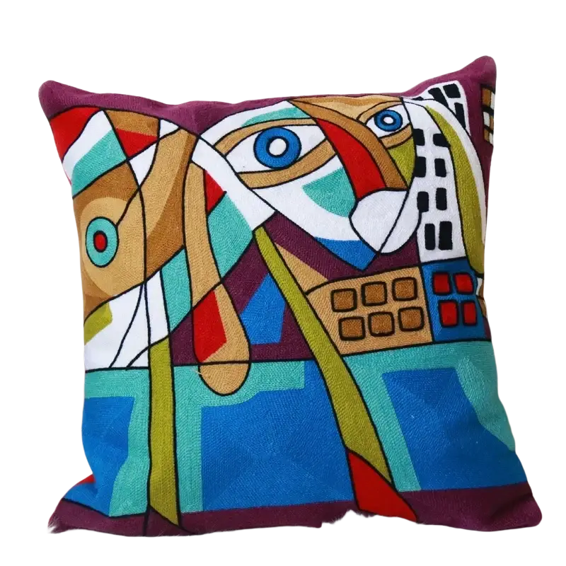 Vibrant abstract embroidered cushion cover 45x45cm with bold geometric patterns in blue red green and purple tones