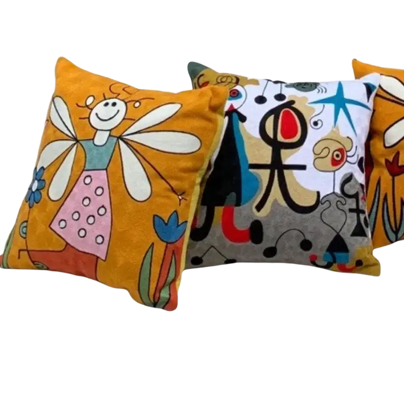 Vibrant orange embroidered cushion cover 45x45cm featuring whimsical cartoon fairy with floral patterns and white wings