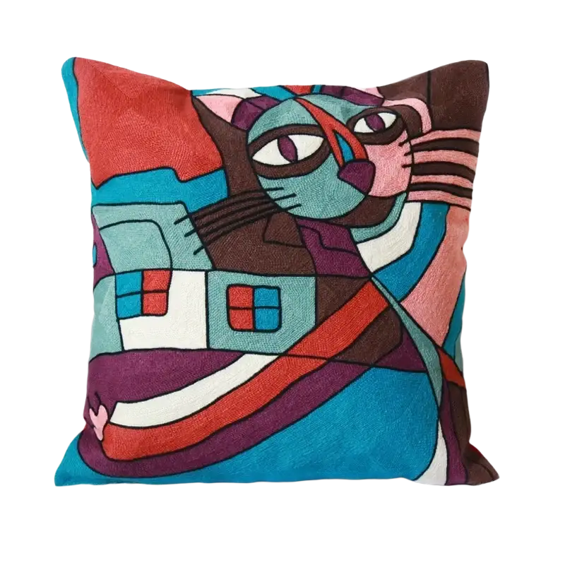 Vibrant cushion cover 45x45cm with embroidered abstract cat design in teal red and brown geometric patterns