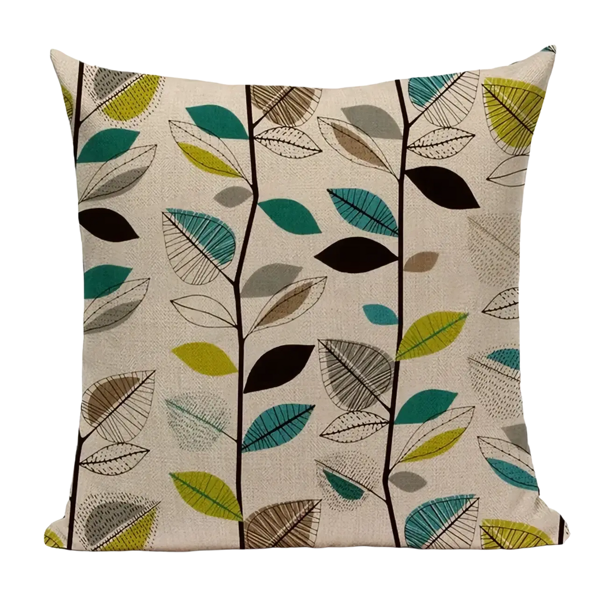 Beige cushion cover 45x45cm with modern teal olive green black and gray leaf pattern on dark brown stems faux linen