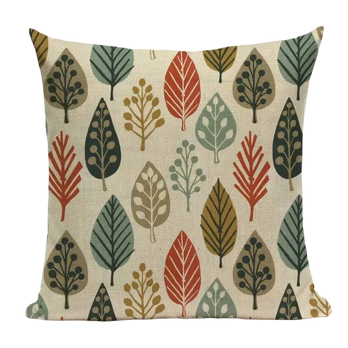 Beige floral faux linen cushion cover 45x45cm with stylized red green olive and brown leaf pattern for sofa pillow