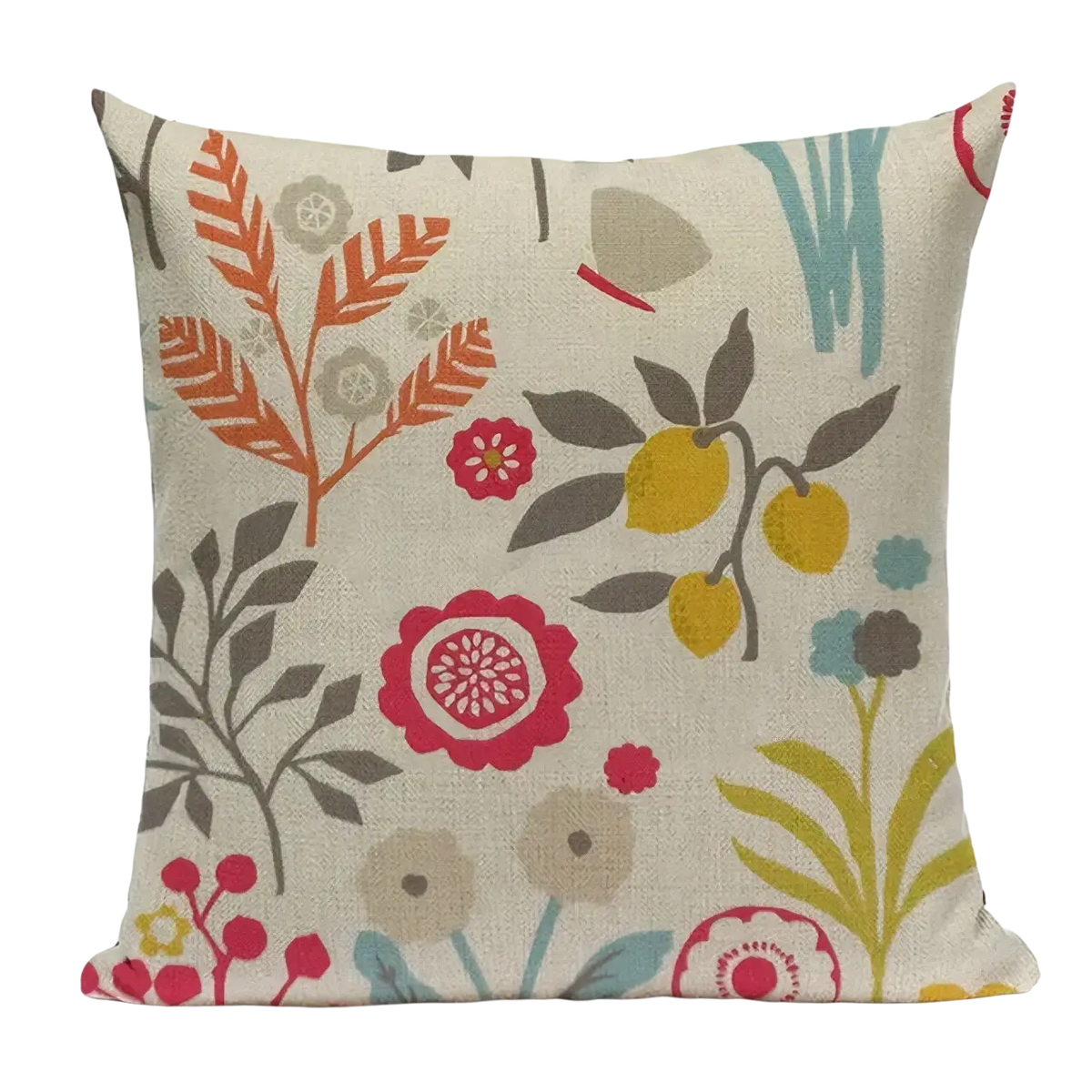 Beige faux linen cushion cover 45x45cm with vibrant botanical print featuring orange leaves red flowers and yellow lemons