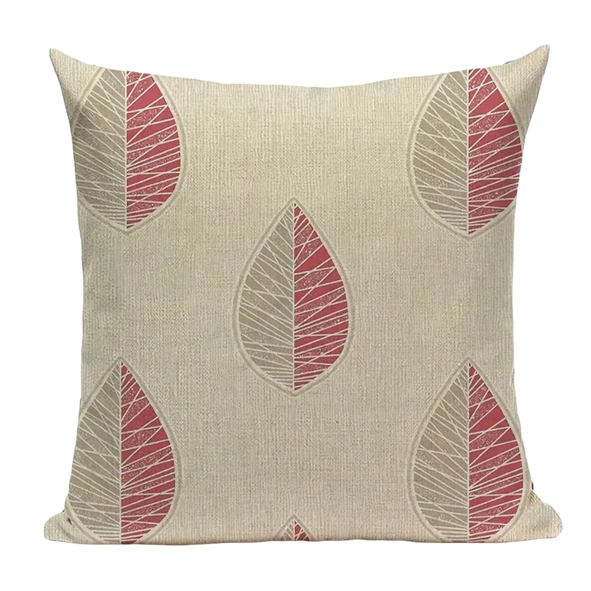 Beige linen cushion cover 45x45cm with red and gray stylized leaf pattern for sofa decoration