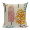 Beige linen cushion cover 45x45cm with stylized red yellow and teal trees floral design for sofa decor