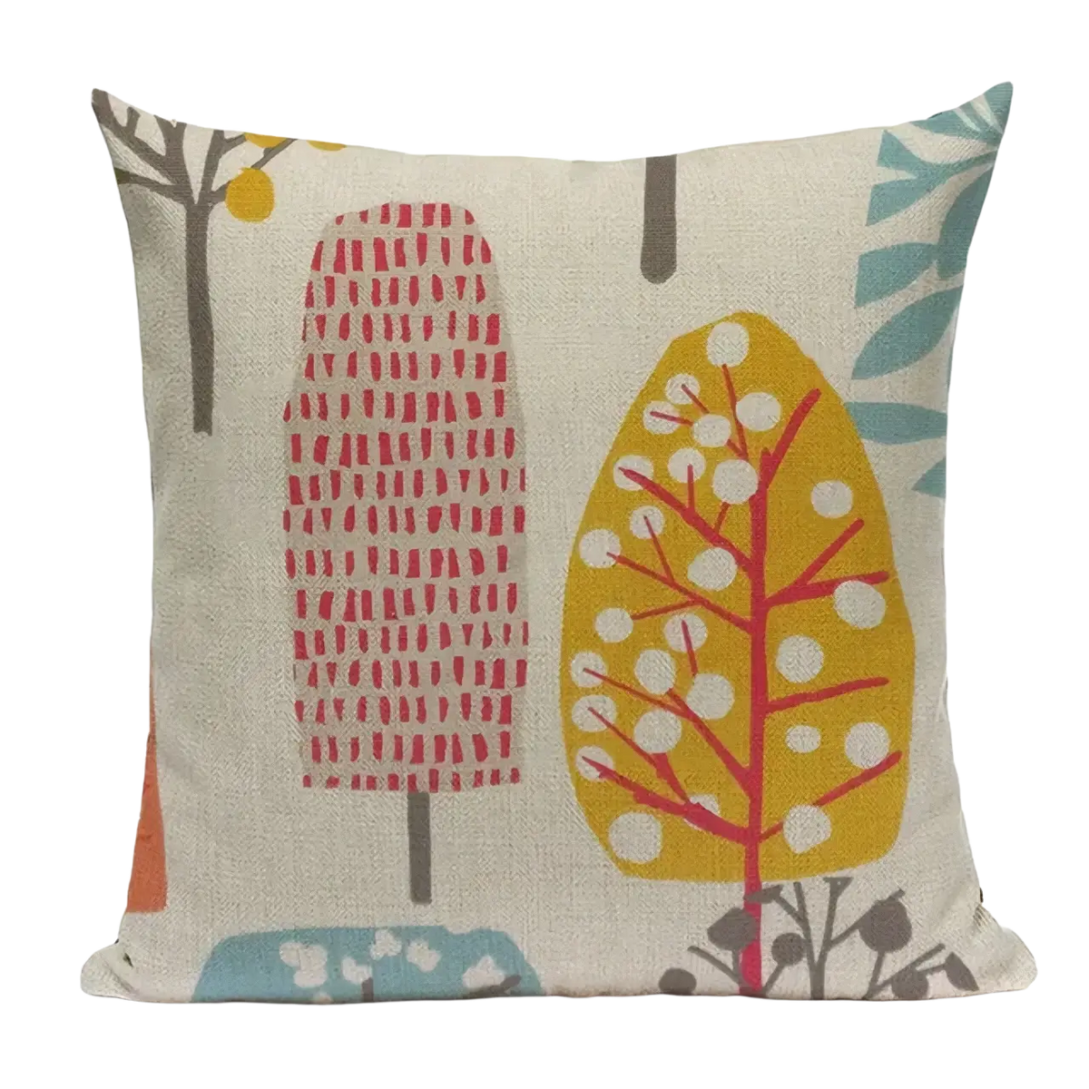 Beige linen cushion cover 45x45cm with stylized red yellow and teal trees floral design for sofa decor