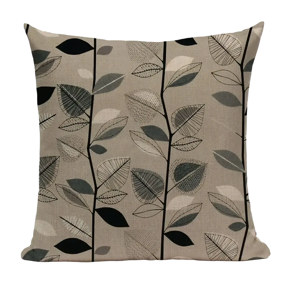 Beige cushion cover 45x45cm with modern botanical print in black gray and white on faux linen for sofa use