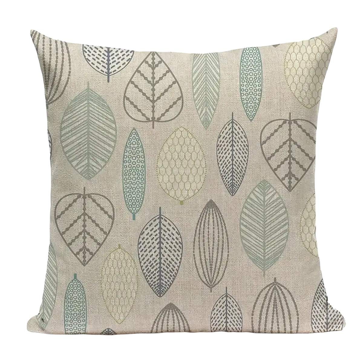 Beige linen cushion cover 45x45cm with stylized leaves pattern in muted green and gray for sofa use