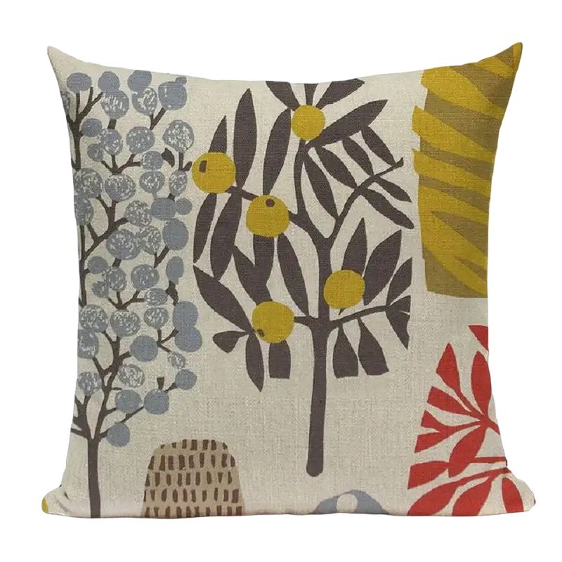 Beige linen cushion cover 45x45cm with stylized gray yellow red and brown botanical print for sofa use