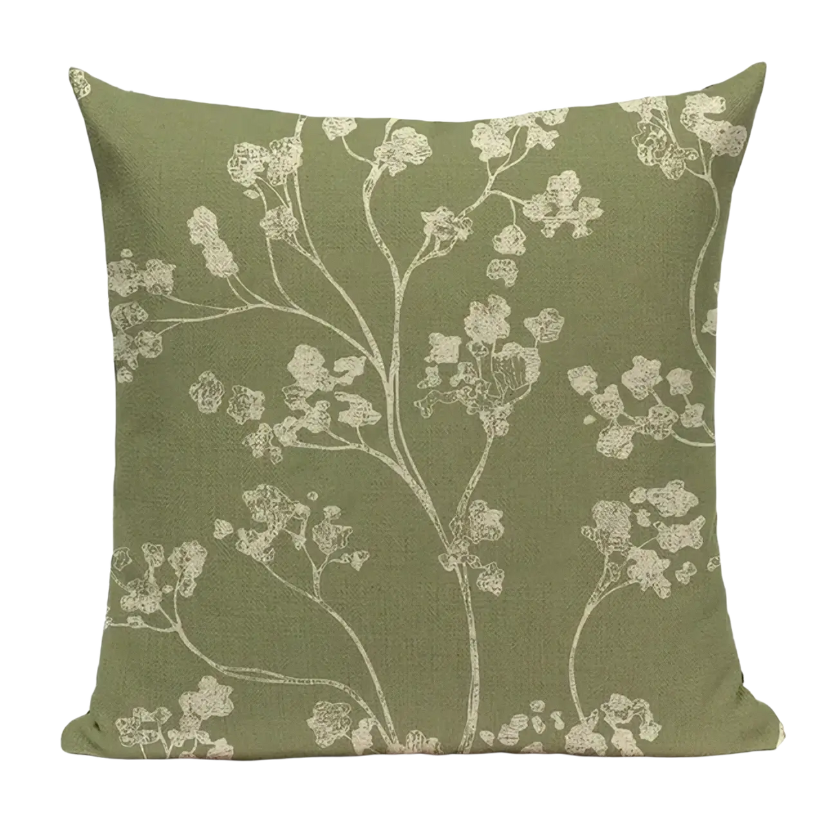 Olive green cushion cover 45x45cm with delicate white floral pattern made of faux linen for sofa pillows