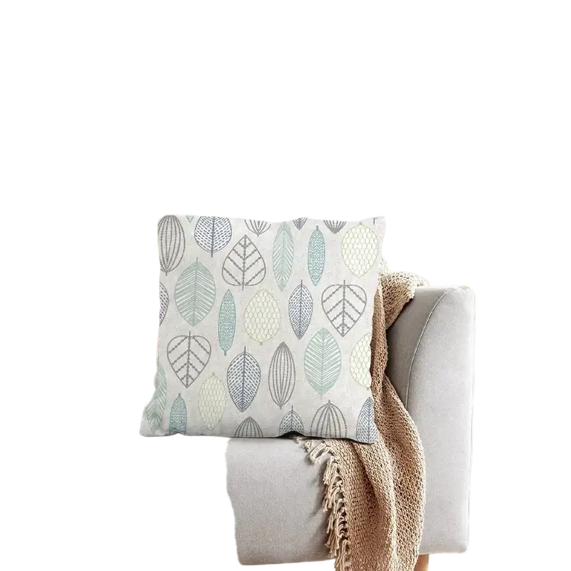 Cushion cover 45x45cm with floral stylized leaf patterns in muted teal sage green and beige on light gray faux linen
