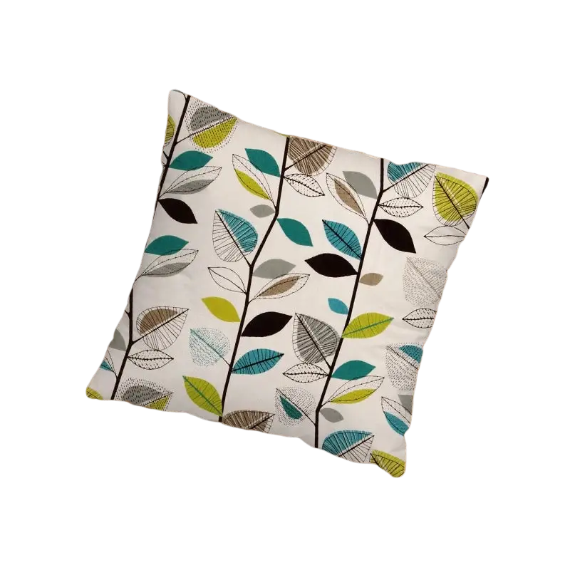 Cushion cover 45x45cm with modern teal lime green black and gray leaf pattern on cream faux linen for sofa