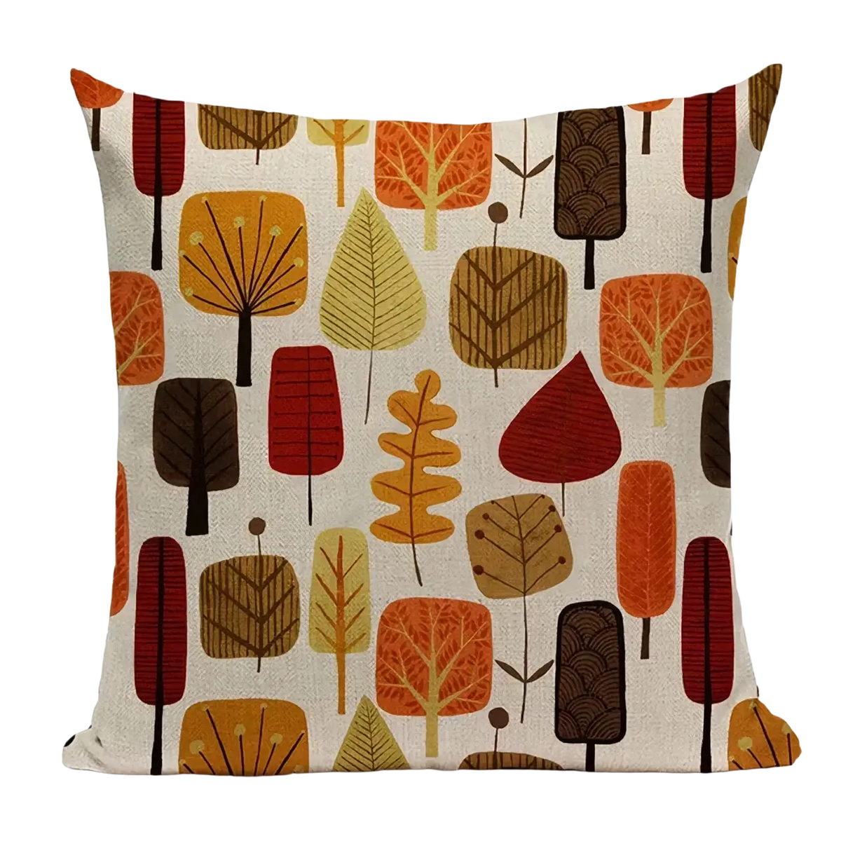 Square throw pillow cushion cover 45x45cm with retro autumn leaf pattern on floral faux linen cream background