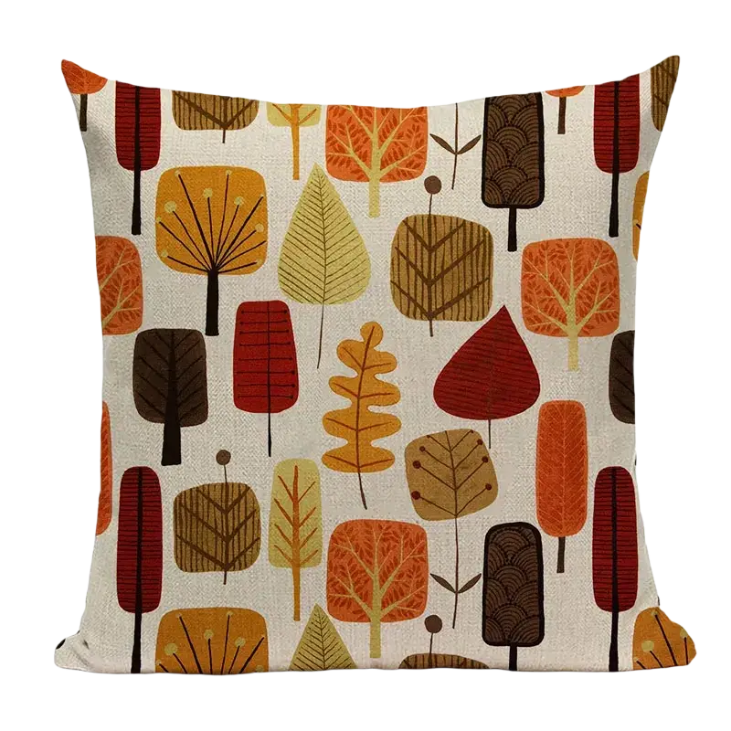 Square cushion cover 45x45cm with retro autumn tree and leaf pattern in orange red brown and beige on cream faux linen