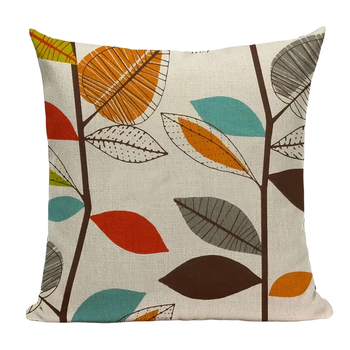 Square cushion cover 45x45cm in beige faux linen with stylized orange teal red and gray autumn leaves design