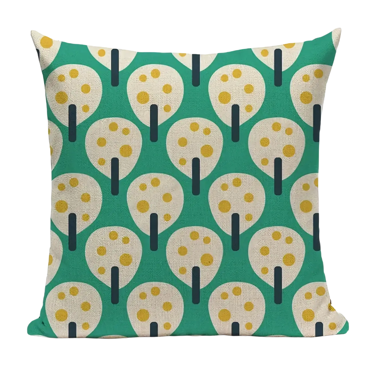 Teal floral faux linen cushion cover 45x45cm with cream and mustard tree pattern and dark blue trunks for sofa use