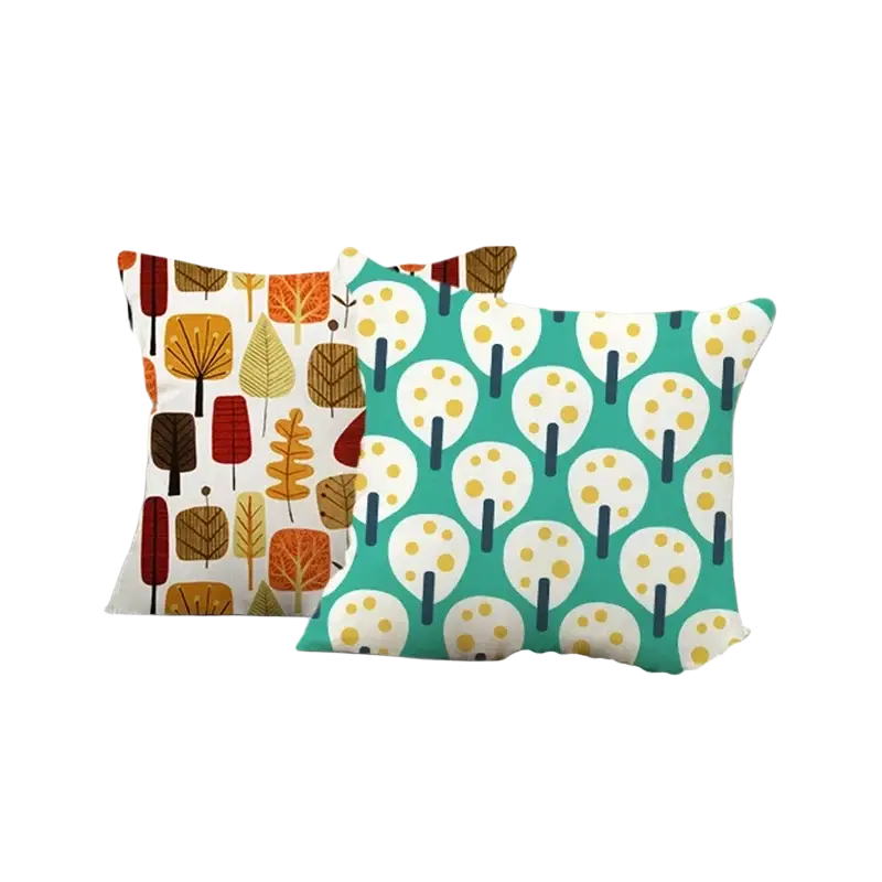 Teal cushion cover 45x45cm with white and yellow tree patterns made of floral faux linen for sofa use