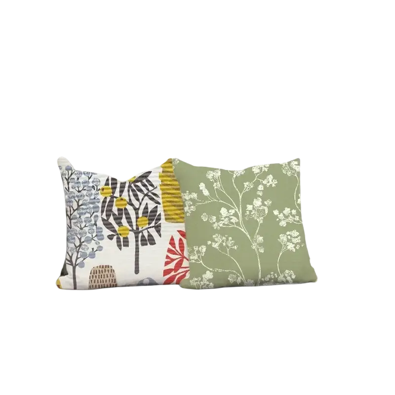 Two decorative floral and abstract patterned cushion covers 45x45cm in muted green and cream faux linen fabric