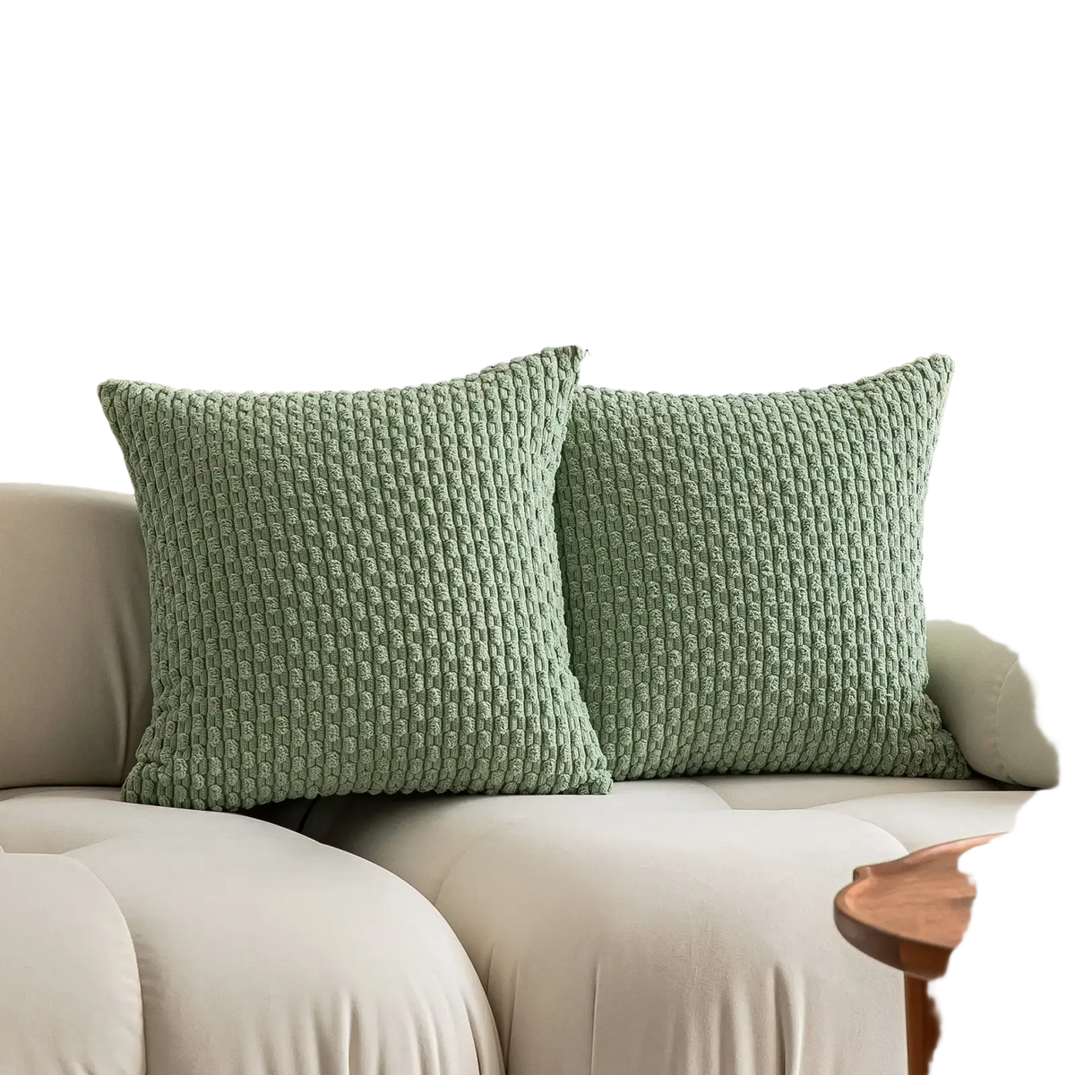 Two sage green textured corduroy cushion covers 45x45cm on a light sofa for stylish home decor pillow cover use