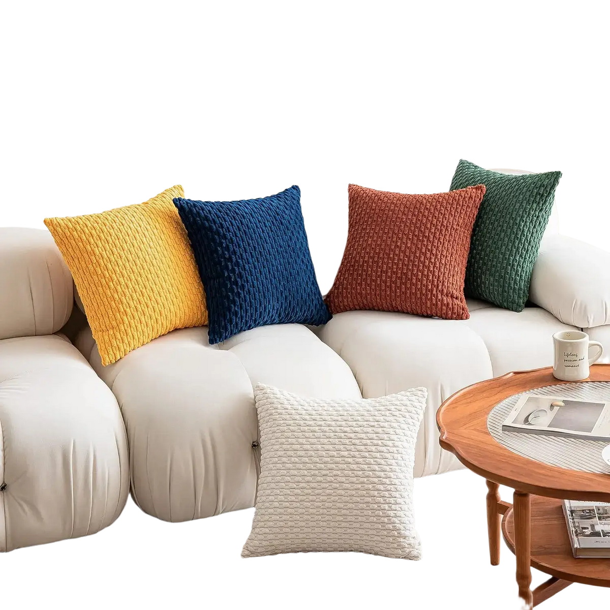 Four colorful cream textured corduroy pillow covers 45x45cm in yellow blue rust and green on white sofa for home decor
