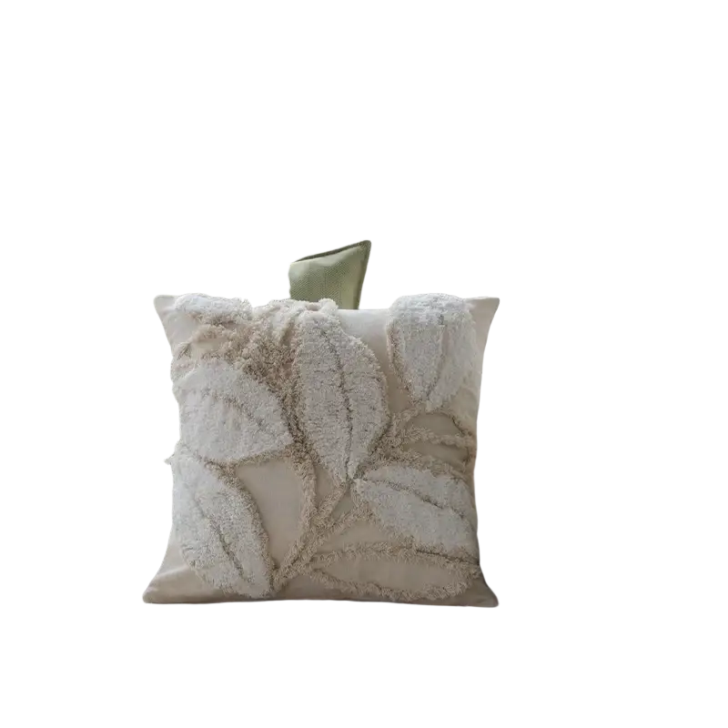 Cream-colored cushion cover 45x45cm with textured leaf-shaped appliqué in soft beige and white for living room use
