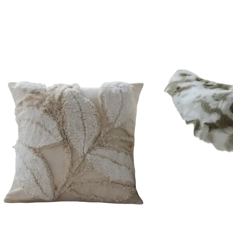 Cream-colored woven textured cushion cover 45x45cm with fluffy leaf appliqués for living room decor