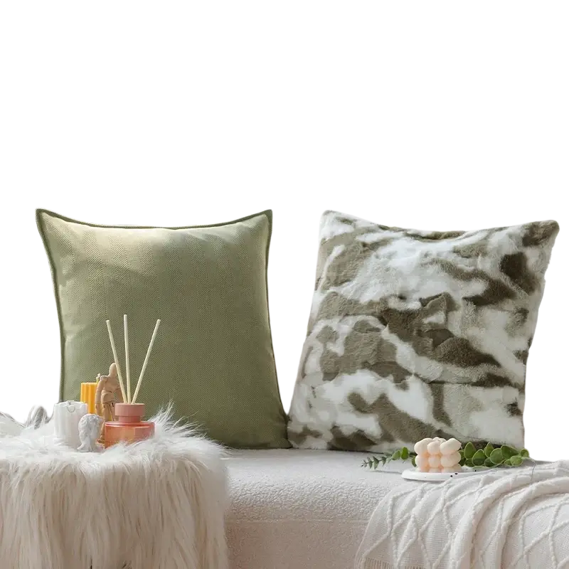 Olive green woven textured cushion cover 45x45cm with faux fur accent pillow for living room decor