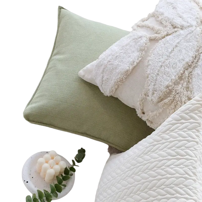 Soft sage green cushion cover 45x45cm with subtle herringbone weave texture for living room use