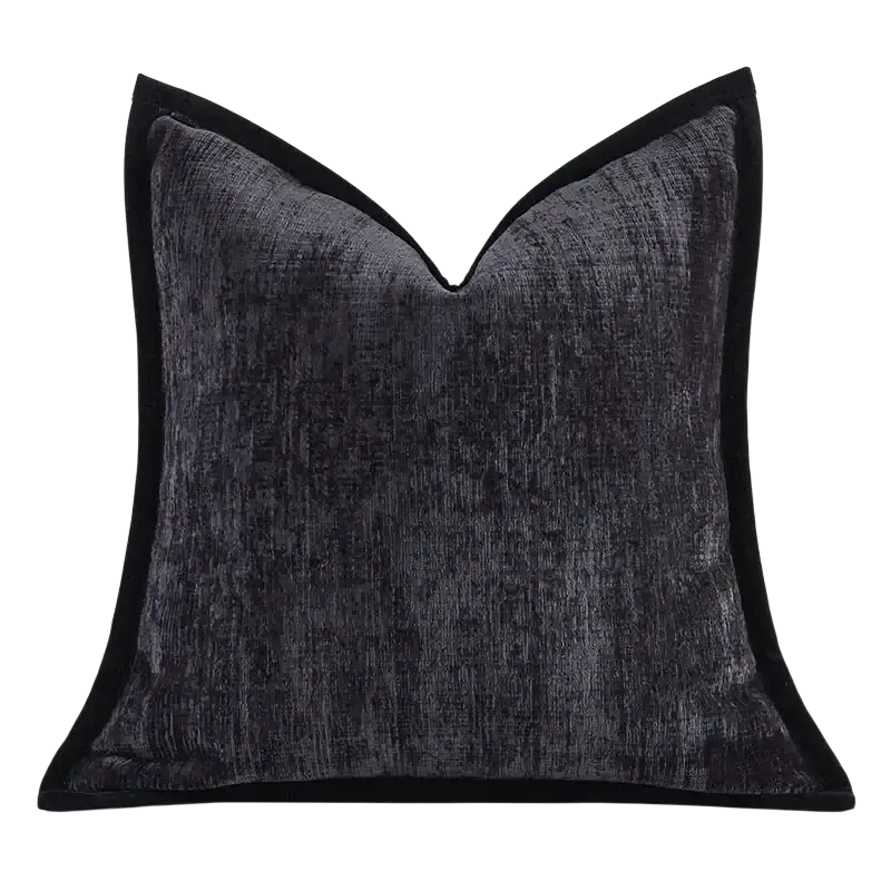 Dark gray solid color chenille cushion cover with a contrasting black velvet border pillow cover design