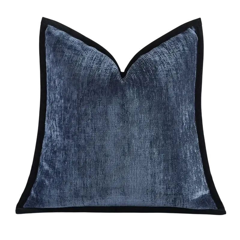 Deep blue velvet cushion cover with a solid color thick chenille pillow case and contrasting black velvet border