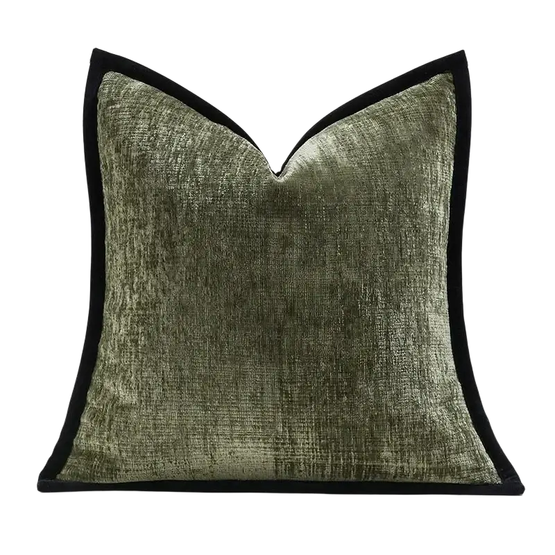 Olive green velvet cushion cover with black velvet border solid color thick chenille pillow cover