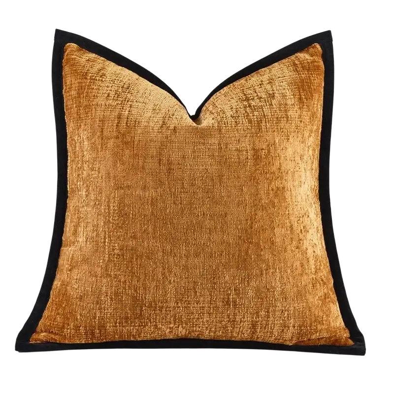 A square cushion cover in solid gold chenille with rich texture and black velvet trim pillow cover