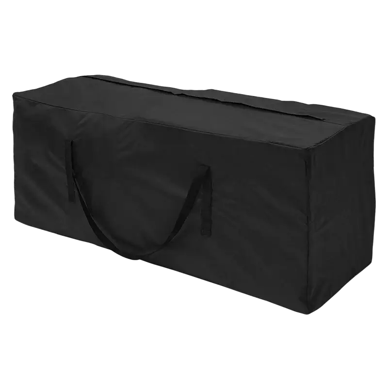 Black rectangular cushion storage bag with sturdy fabric handles and sealed top for furniture cushion protection