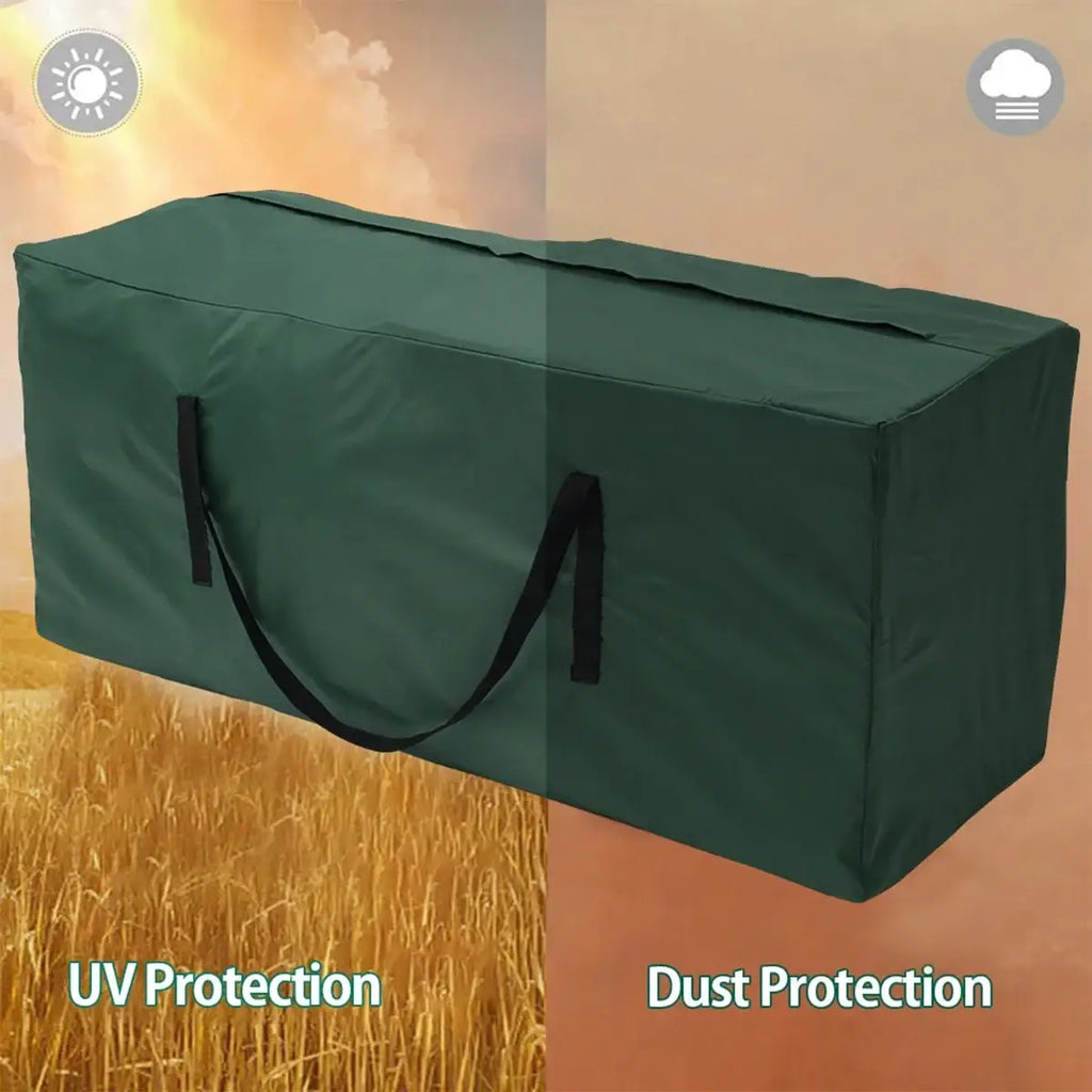 Dark green rectangular waterproof cushion storage bag with black handles designed for outdoor furniture cushion storage