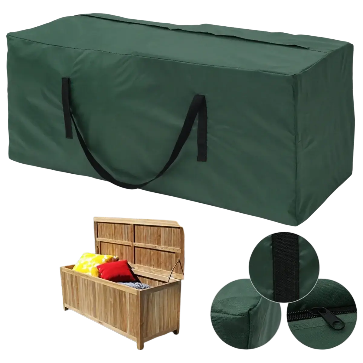Dark green durable fabric cushion storage bag with black webbing handles and zipper for furniture cushion storage