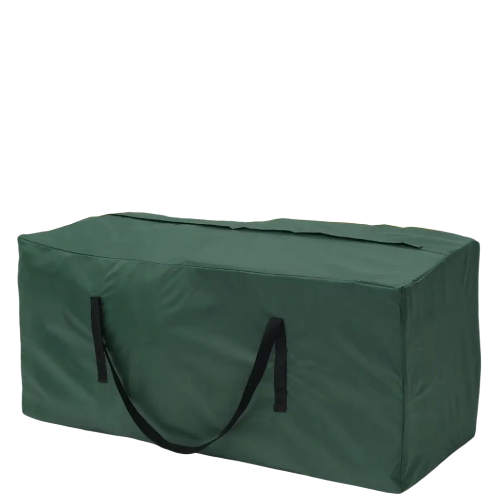 Dark green durable fabric christmas tree storage bag with black handles designed as a furniture cushion storage bag