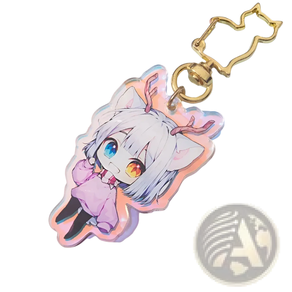 A custom translucent acrylic anime photo keychain featuring a chibi character with silver hair and colorful eyes